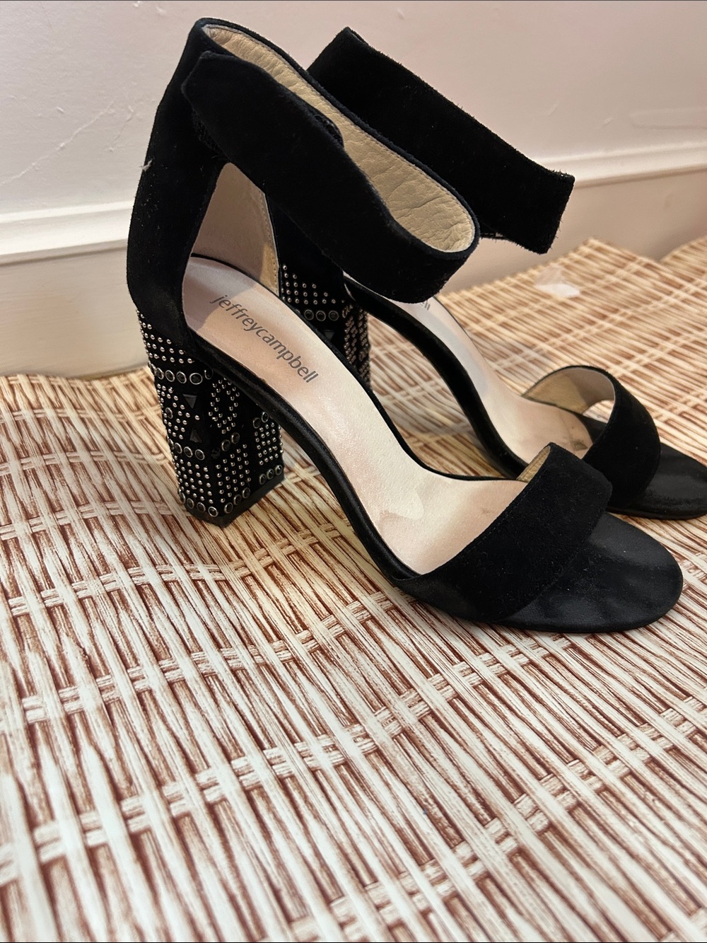Jeffrey Campbell Black Suede Studded Block Heel Sandals with Ankle Strap